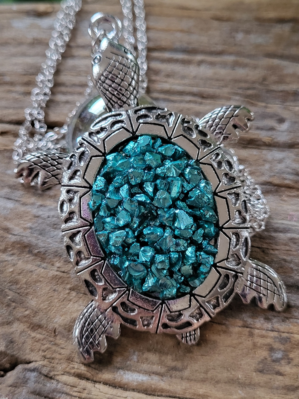 Turtle Pendant Necklace with Teal Stones
